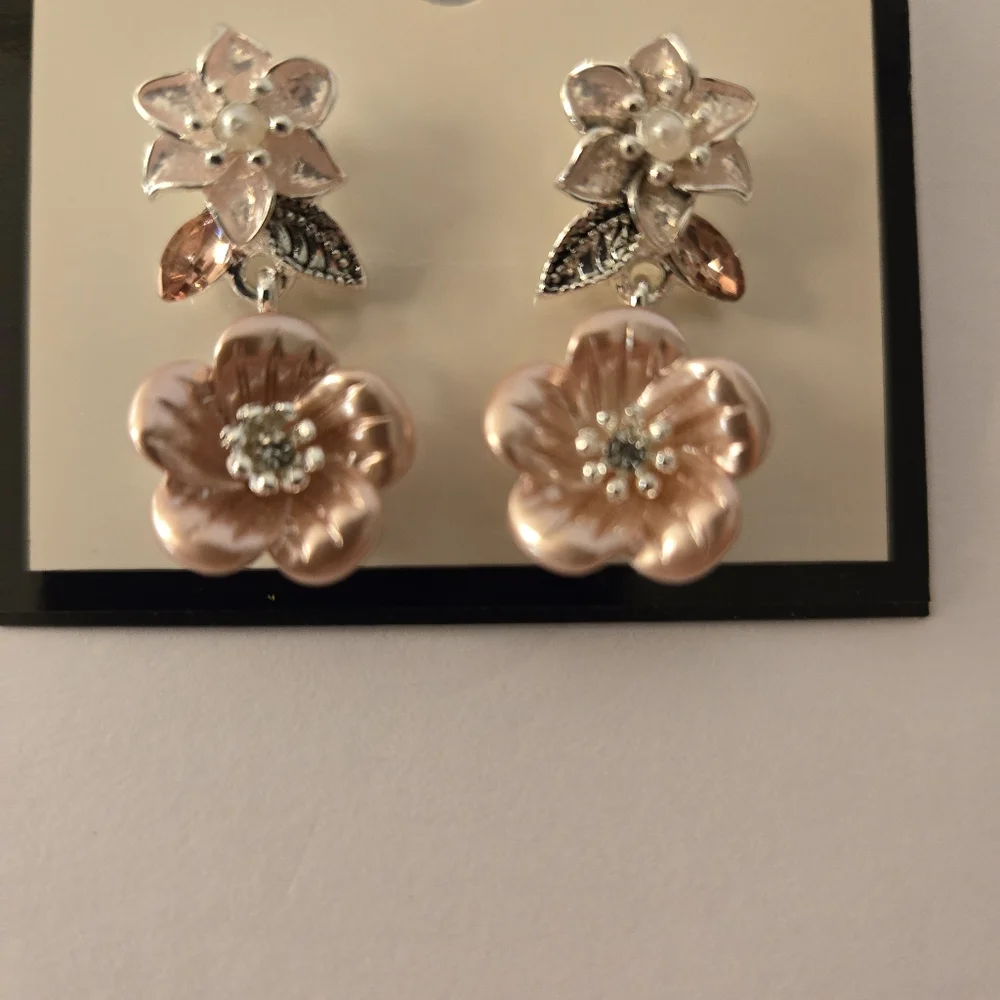 Napier New Silver Tone Pierced  Dangle Earrings Pink Flowers Pink & Clear Stones